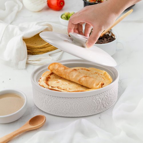 SOUJOY Ceramic Tortilla Warmer, 8.5 Inch Embossed Taco Holder with Lid, Microwave and Oven Safe Tortilla Storage Container for Mexican Party Tuesday Night, Hold up to 12 Tortillas, White