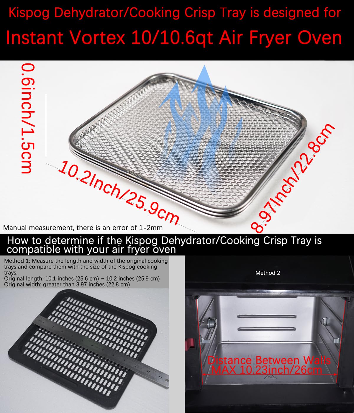 Kispog Uncoated Stainless Steel Cooking Tray Compatible with Instant Pot Vortex 10QT Only - PFAS & Teflon-Free - Dishwasher Replacement Racks, 10.2"x8.97" 3-Pack Mesh for 360 Airflow & Crisping
