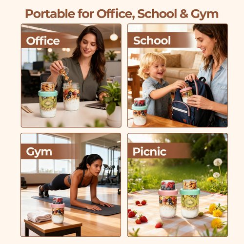 ComSaf Overnight Oats Containers with Lids (16oz+4oz, 2Pcs), Dual-Laryer Chia Pudding Jars with Dry and Wet Separation, Yogurt Parfait Cups for Oatmeal Cereal Nut Fruit, Meal Prep Glass Jars for Salad