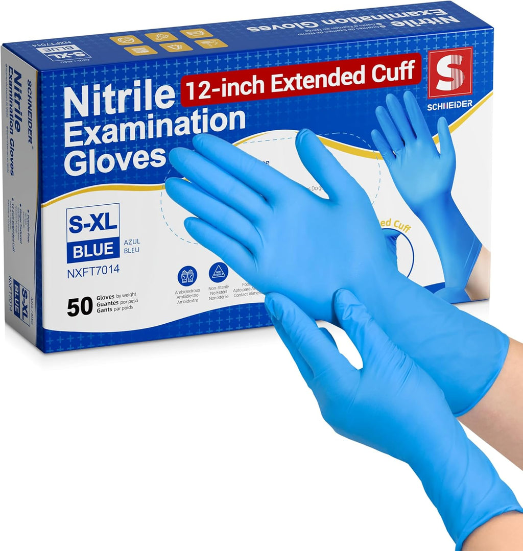 Schneider Nitrile Exam Gloves - Extended 12-Inch Cuff, Small, 50-Count Box | Latex-Free & Powder-Free
