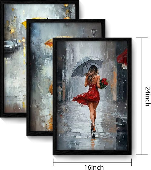 JIMUJIA Framed Canvas Art - 3-Piece Abstract Yellow & Red Umbrella City Scene | 16x24 Inch Wall Decor for Living Room, Bedroom, Office