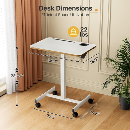 Liftsync Mobile Standing Desk, Rolling Laptop Cart Adjustable Height with Cup Holder, 28 inch Portable Table with 4 Lockable Wheels, White Computer Workstation with Hook and Slots for Home Office