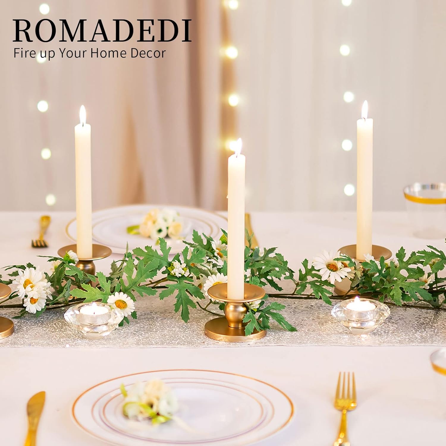 Romadedi Gold Candle Holders - Elegant Pillar & Taper Candle Sticks for Weddings | 4 Pcs Set