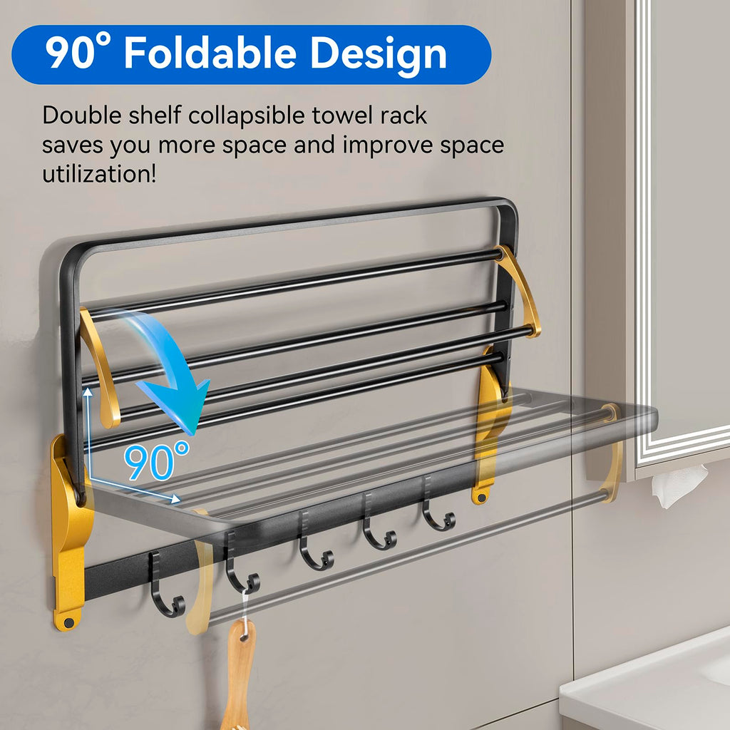 Towel Rack for Bathroom Wall Mounted, 22.8 Inch Foldable Towel Bar，Rustproof Sturdy Bathroom Towel Holder, No Assembly Needed ，Black Gold ﻿