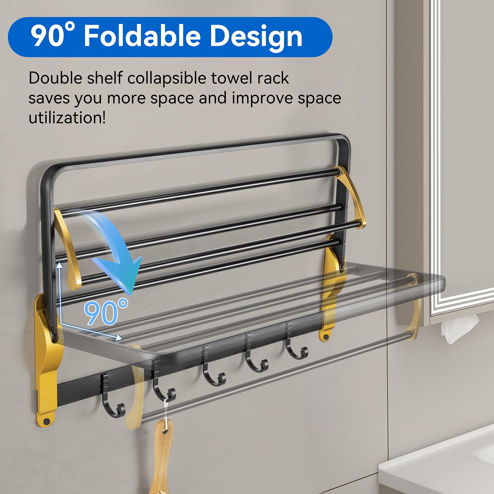 Towel Rack for Bathroom Wall Mounted, 22.8 Inch Foldable Towel Bar，Rustproof Sturdy Bathroom Towel Holder, No Assembly Needed ，Black Gold ﻿
