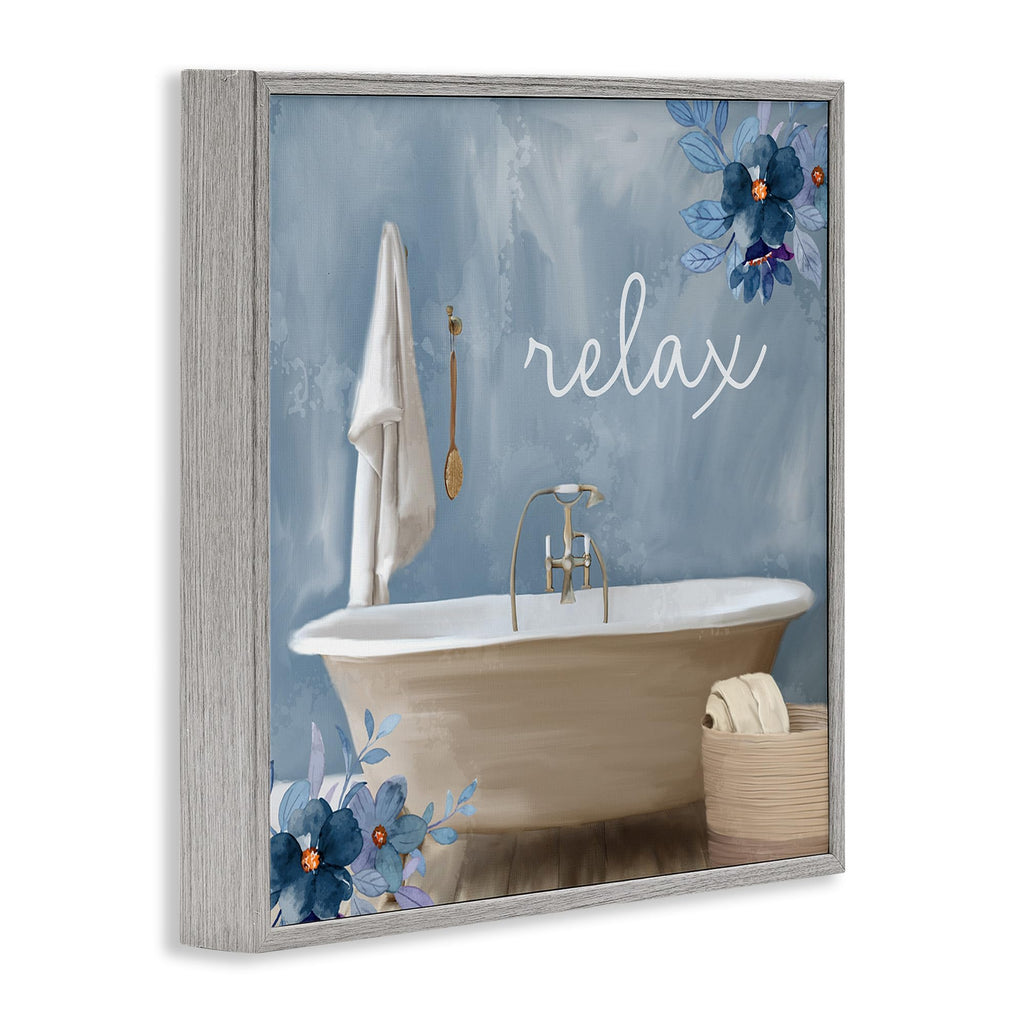 Stupell Industries Blue Floral Relax Bathroom Scene Framed Wall Art, Design by Kim Allen