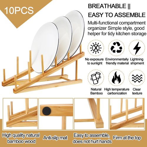 Suclain 10 Pcs Wooden Bamboo Dish Drying Rack Kitchen Cabinet Organizer for Cabinet Cutting Board Display Stand for Dish Plate Bowl Water Bottles Cup Pot Lid Cutting Board