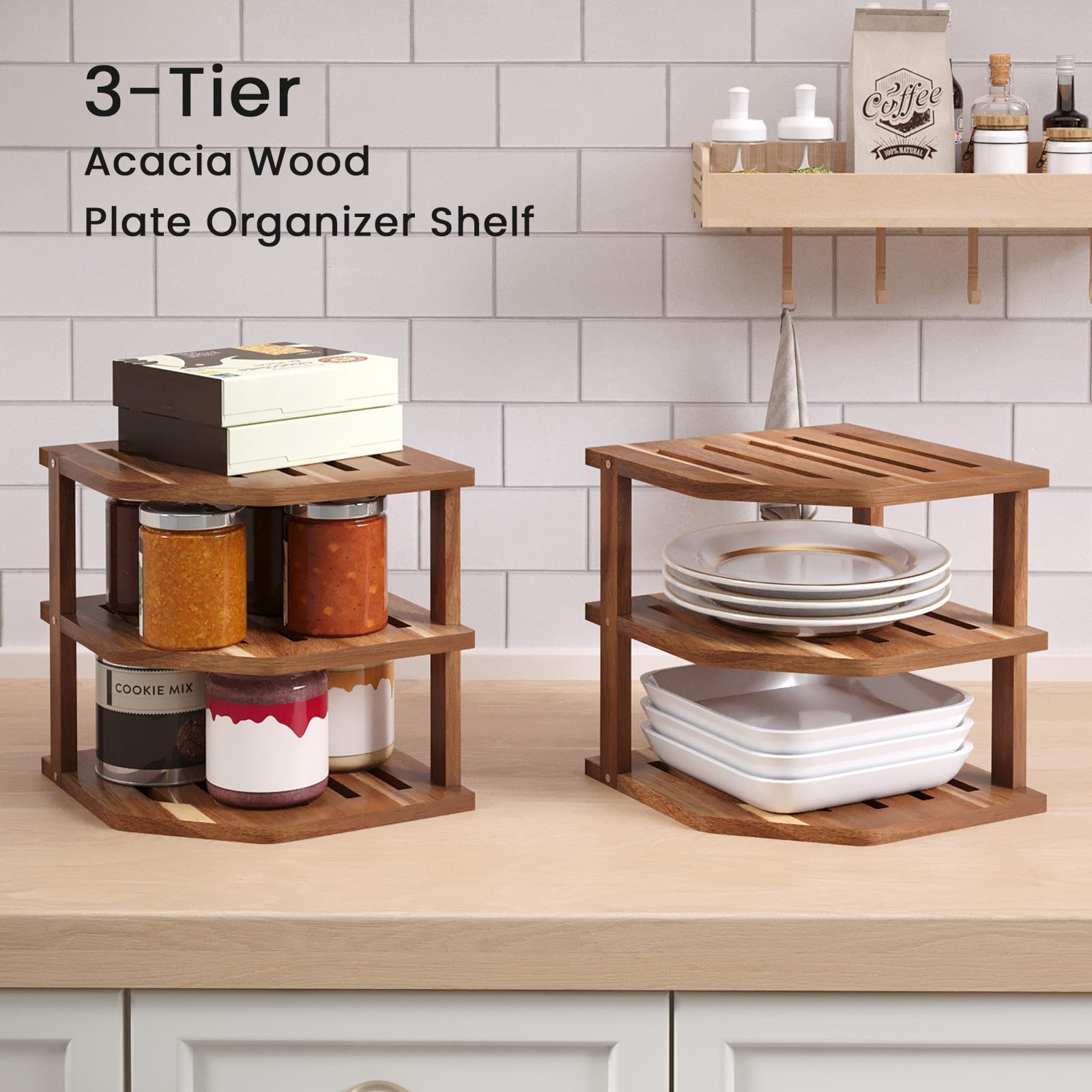 VERTORGAN 3 Tier Acacia Wood Corner Shelf,Dish Drying Rack,Plate Organizer,Kitchen Spice Rack for Countertop and Cabinet,Pantry Organization and Storage