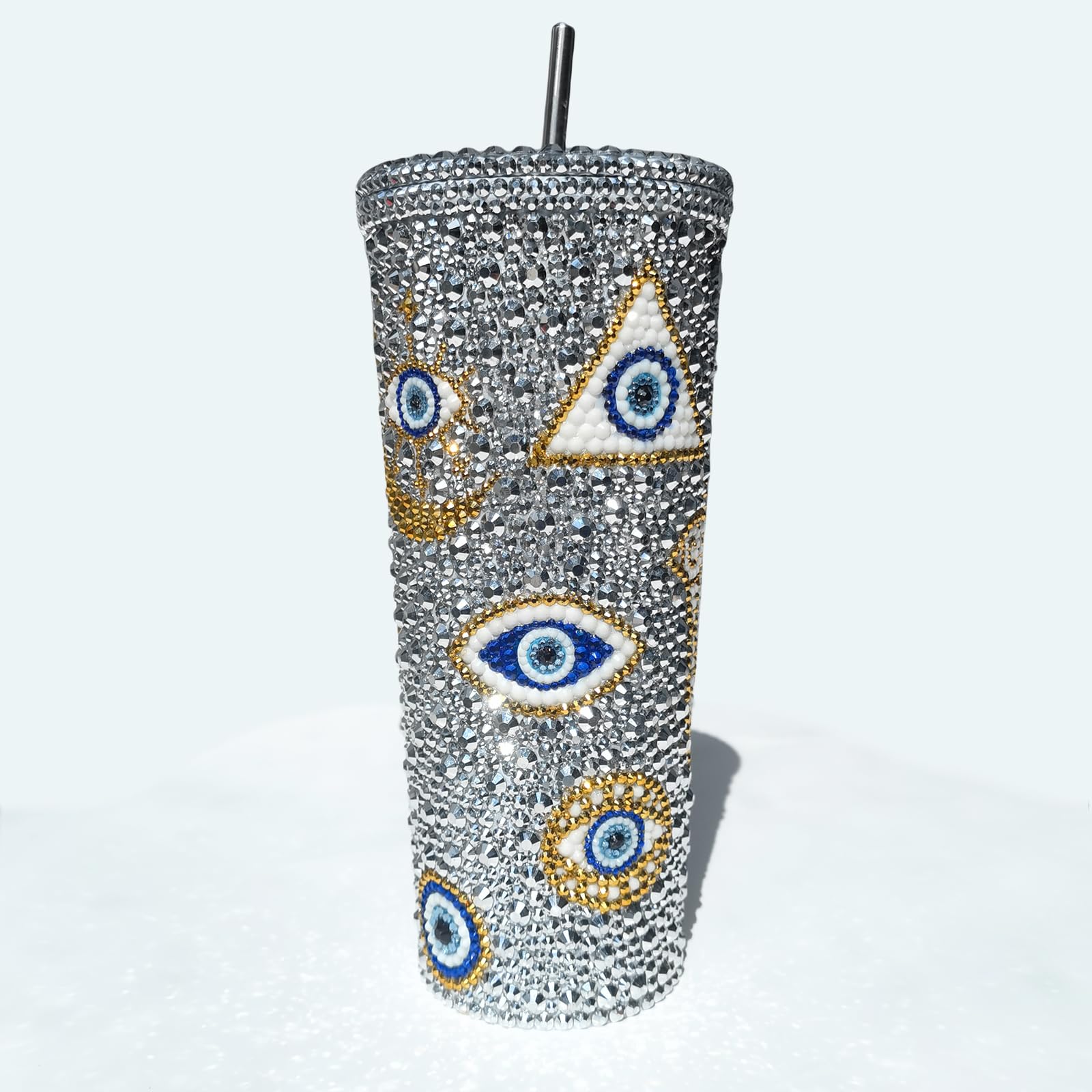 SlowVibes Handmade Evil Eyes Rhinestone Tumbler With Lid & Straw,24oz Stainless Steel Glitter Turkish Eye Coffee Cup,Reusable Bling Water Bottle For Hot & Cold Drinks,Sparkle Evil Eye Gifts For Women