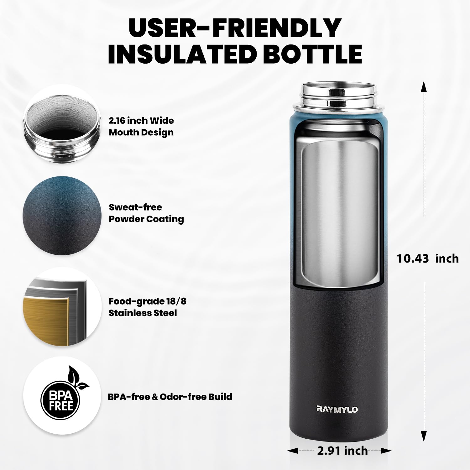RAYMYLO Insulated Water Bottle 24oz, Triple Wall Vacuum Stainless Steel (Cold for 24Hrs, Hot for 12Hrs), Leak Proof & Non-BPA, 24oz Hydro Water Flask with Paracord Handle & Straw Spout Lids