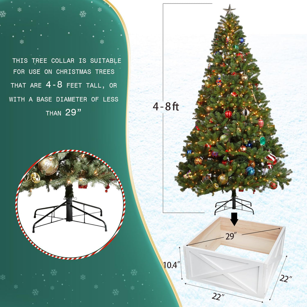 Christmas Tree Collar Box, 22" L White Wooden Tree Collar, Christmas Tree Stand Cover, Tree Skirt Box for Below 8ft Christmas Tree Decoration