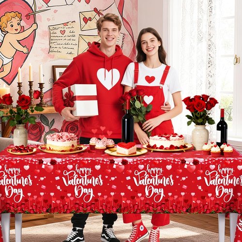 AIBIIN 3 Pieces Red Valentines Day Tablecloth Flower Happy Valentine's Day Decorations Disposable Party Supplies Valentines Day Party Plastic Table Cloth Disposable Table Covers 108 x 54 Inch