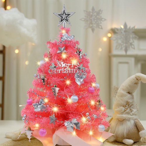 Juegoal 24-Inch Pink Mini Christmas Tree - Lighted Tabletop Artificial Pine with 50 LED Lights & Timer