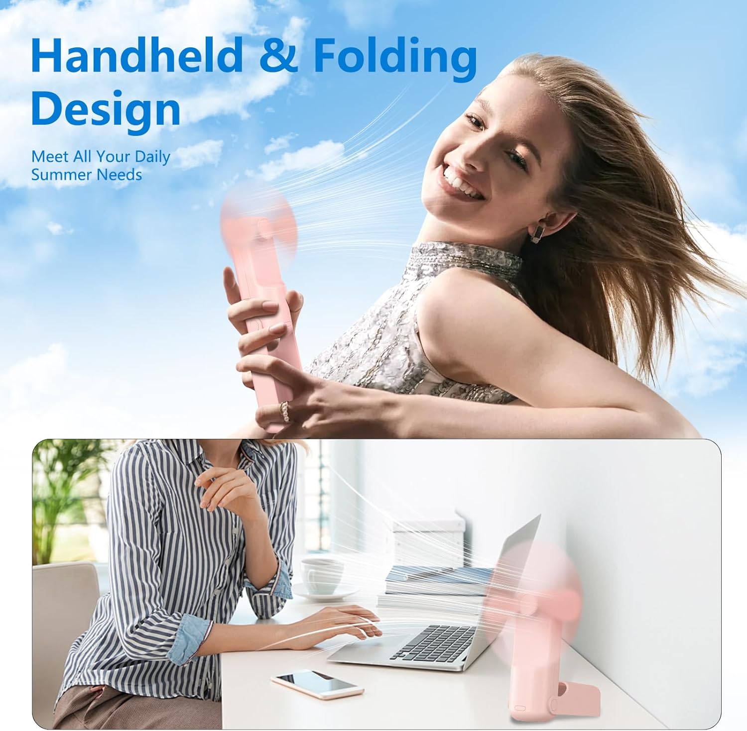 VanSmaGo Portable Handheld Fan - 3-in-1 USB-C Rechargeable Mini Fan with 10-Hour Battery Life | Purple, Pink & Green