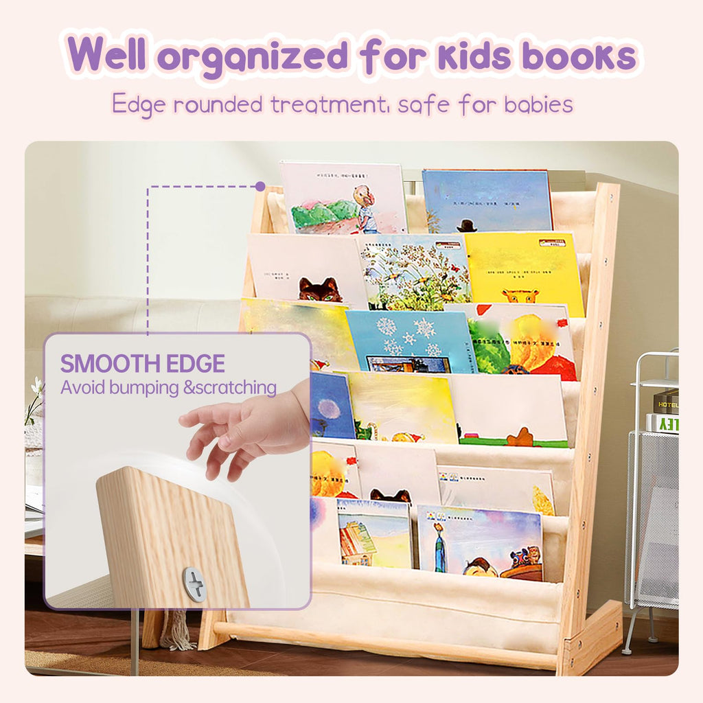 YCWSPEMR 6-Tier Kids Bookshelf – Child-Safe Wooden Book Shelf with Cotton Linen Fabric, Holds 100+ Books, Baby Bookshelf & Toddler Bookcase Organizer for Nursery, Playroom & Kids Rooms