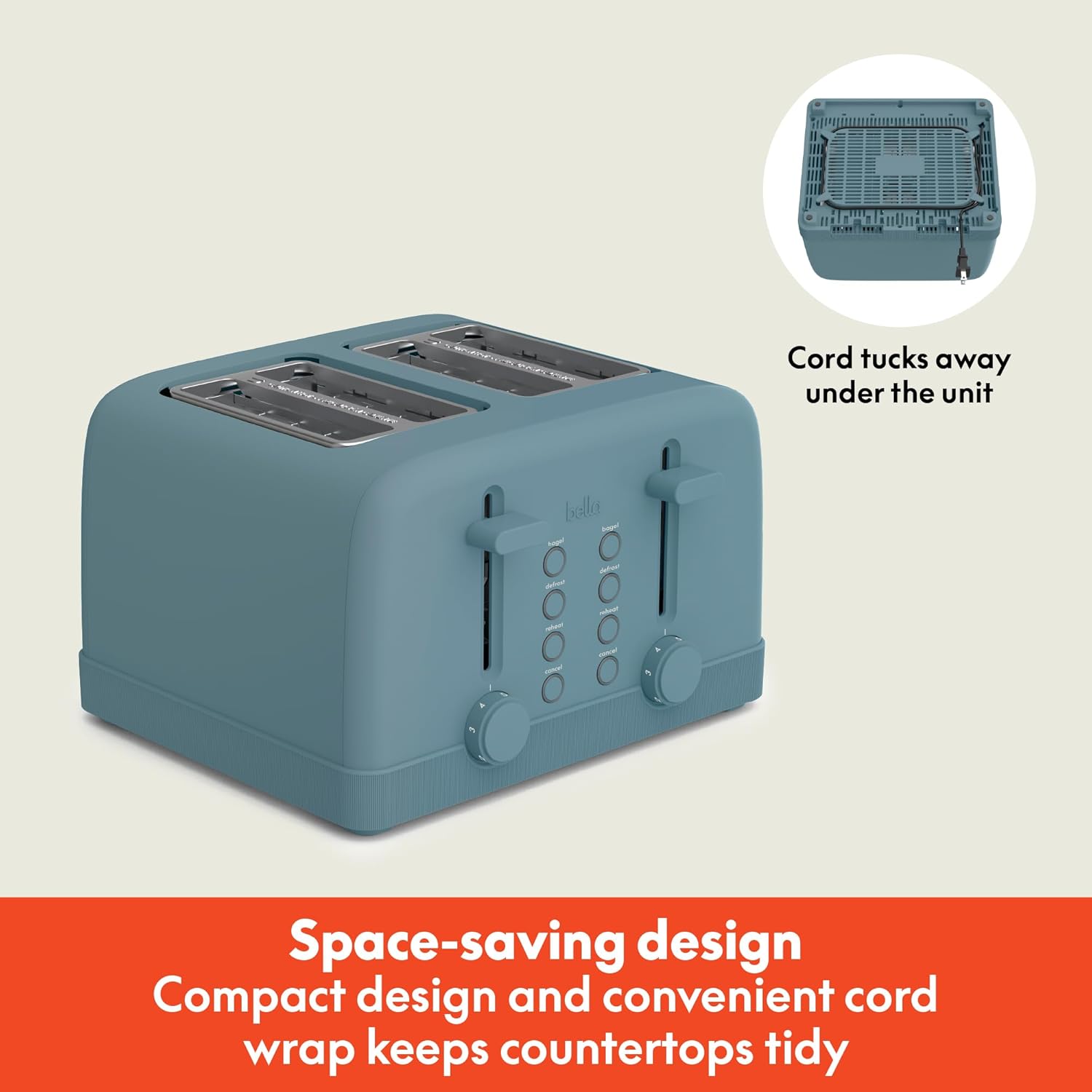 Bella 4 Slice Toaster - 6 Shade Settings with Reheat & Cancel | Removable Crumb Tray, 900 Watts, Surf Color
