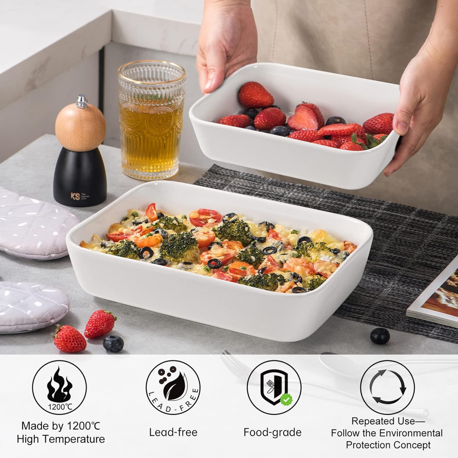 UNICASA Ceramic Oven Dishes - Set of 3 Rectangular Casserole Dishes | Non-Stick, White, 1000/2000/3500 ML