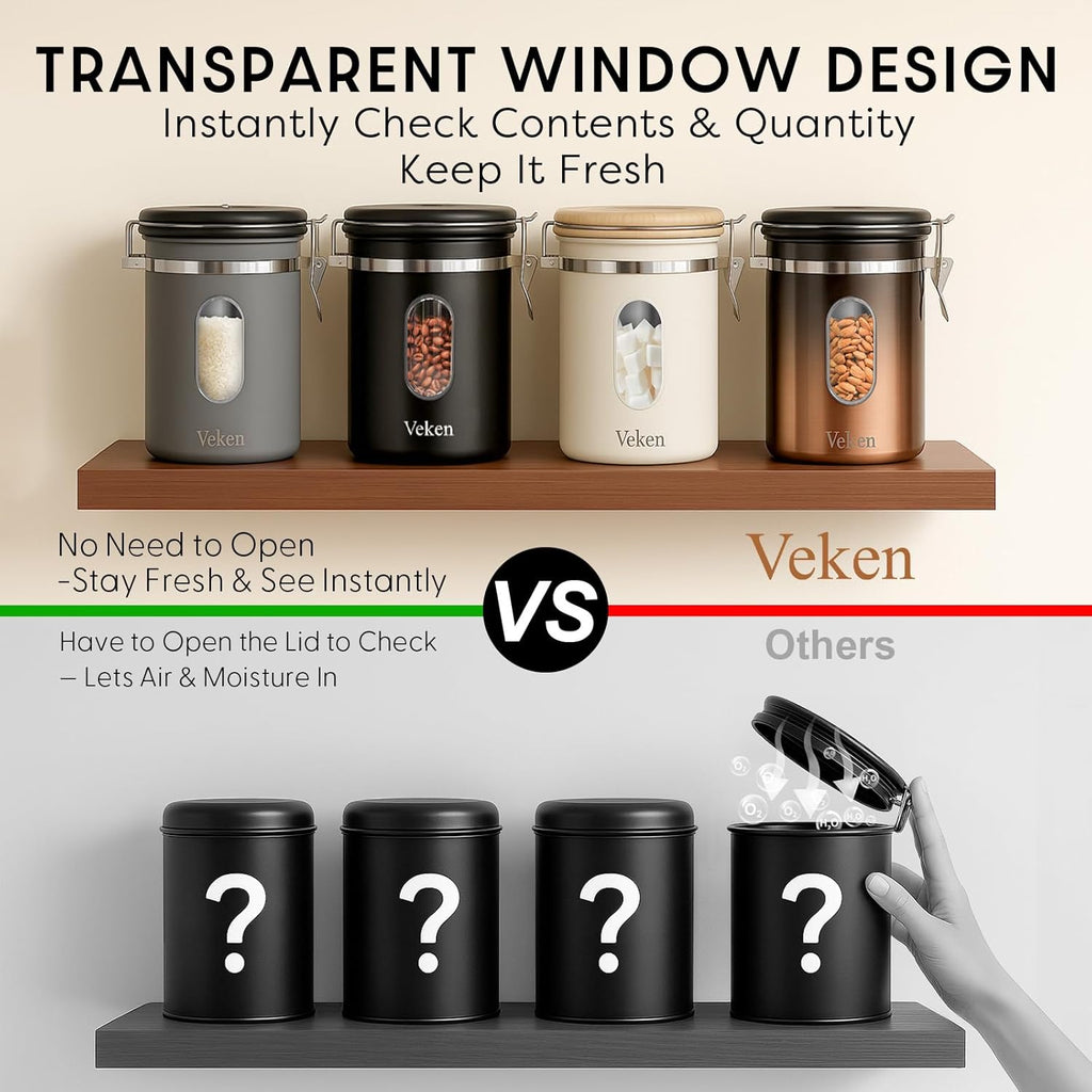 Veken Coffee Canister - Airtight Stainless Steel Food Storage Container with Window & Date Tracker | 22oz Cream