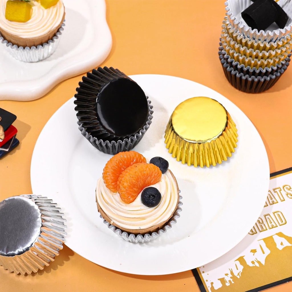 Whaline Graduation Cupcake Liners - 300 Pcs Black, Silver & Gold Foil Baking Cups for Parties