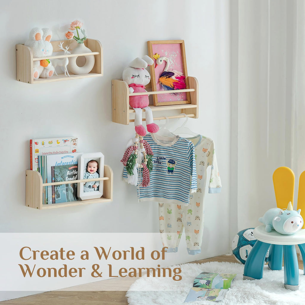 Walasis Nursery Book Shelves for Wall: Solid Pine Wood Wall Mounted Bookcase with Anti-Drop Bar for Kids' Room Easy Installation with Back Panel (Natural)