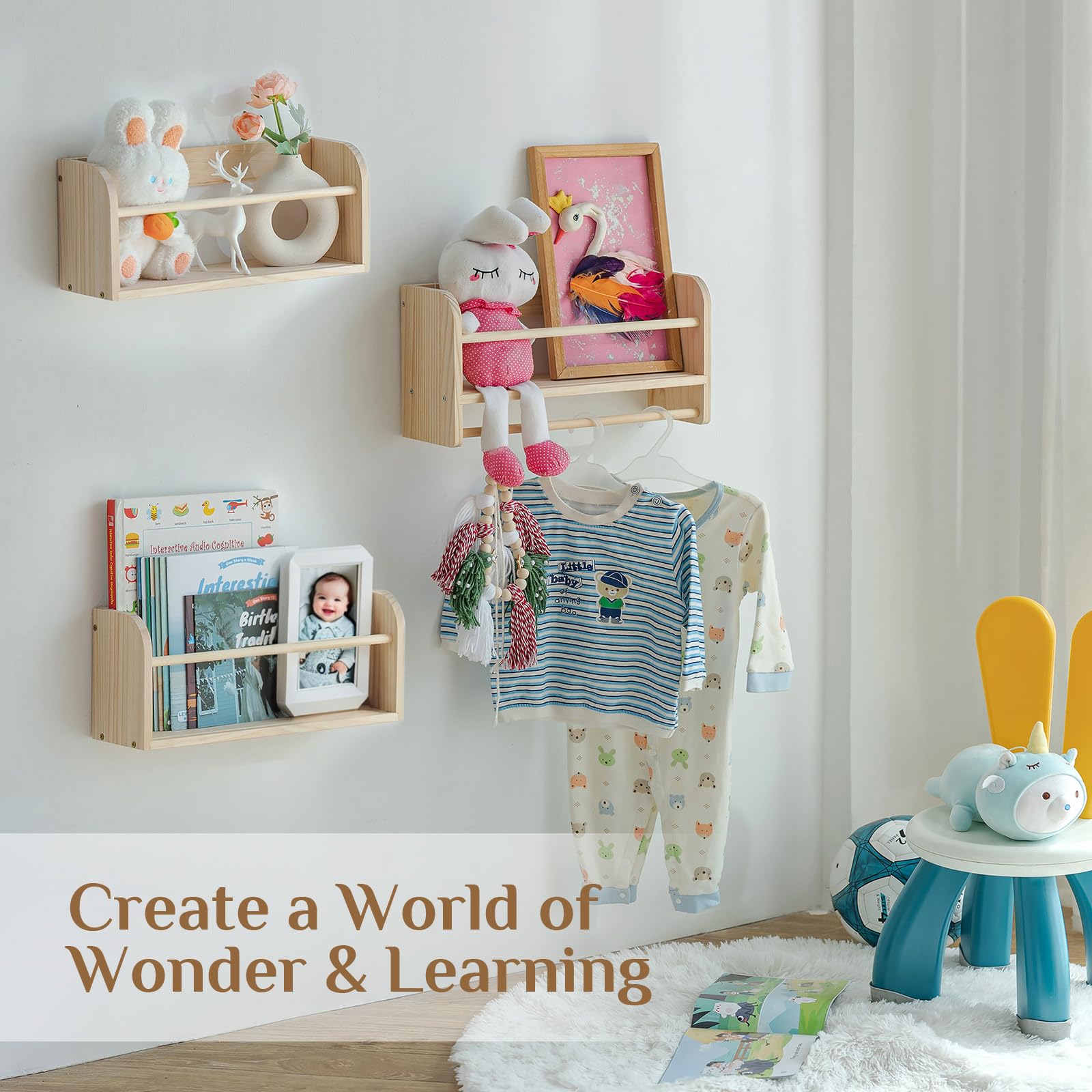Walasis Nursery Book Shelves for Wall: Solid Pine Wood Wall Mounted Bookcase with Anti-Drop Bar for Kids' Room Easy Installation with Back Panel (Natural)