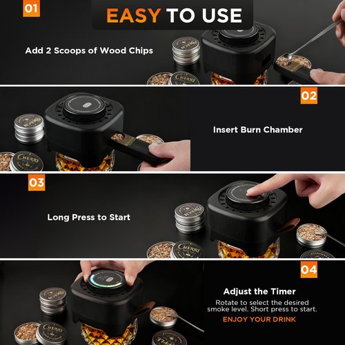 Electric Whiskey Smoker Kit with 0-60s Adjustable Timer, No Butane Needed, Cocktail Bourbon Drink Smoker Infuser Kit Smoke Whisky Set - 6 Wood Chips Flavors, Birthday Gifts for Men,Dad,Husband, Square