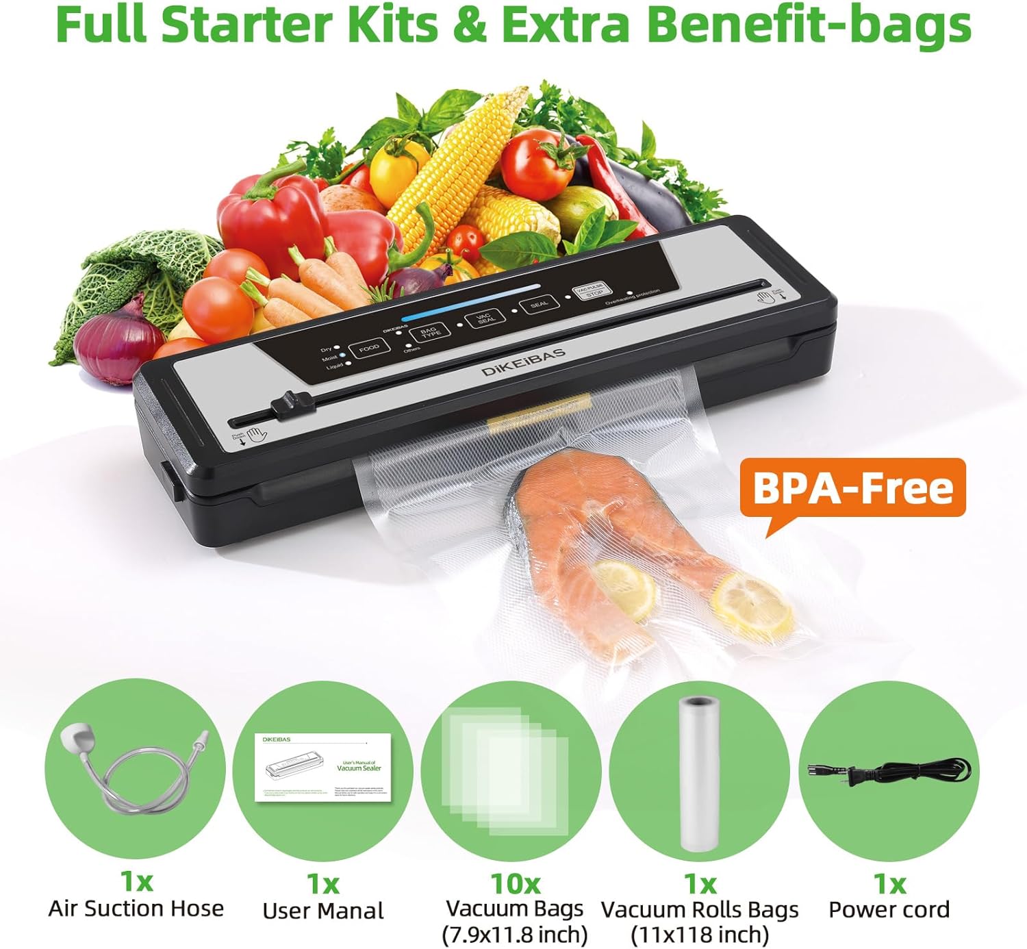 Vacuum Sealer Machine - Powerful 85kPa Suction | Compact One-Touch Automatic Food Sealer | Includes Bags & Cutter