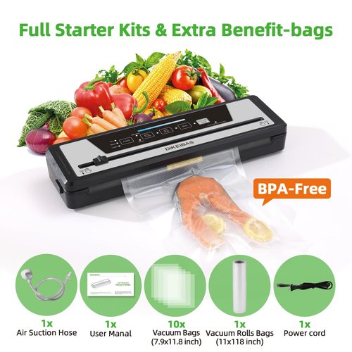 DIKEIBAS Vacuum Sealer Machine | Powerful 85kPa Suction | Bags and Cutter Included | Compact One-Touch Automatic Food Sealer with External Vacuum System | Preserve Freshness, Prevent Freezer Burn