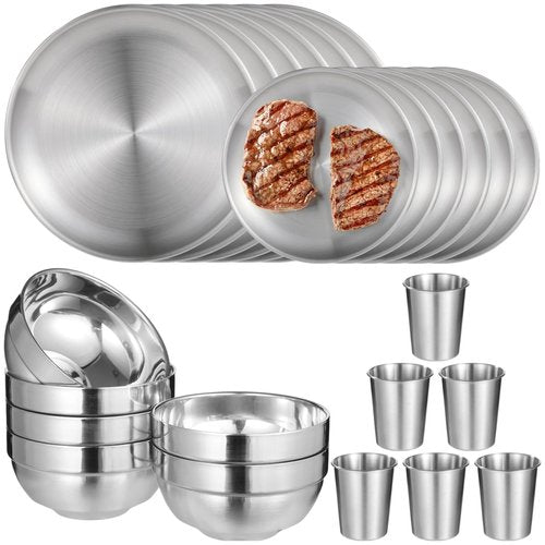 24 PCS Stainless Steel Dinnerware Set, Includes 12PCS 6.7 & 10.2 in Plates, 6 Pieces Bowls and 6 Pieces Cups, 304 Reusable Camping Mess Kits for Home Kitchen, Dorm and Outdoor Picnic (Silver)