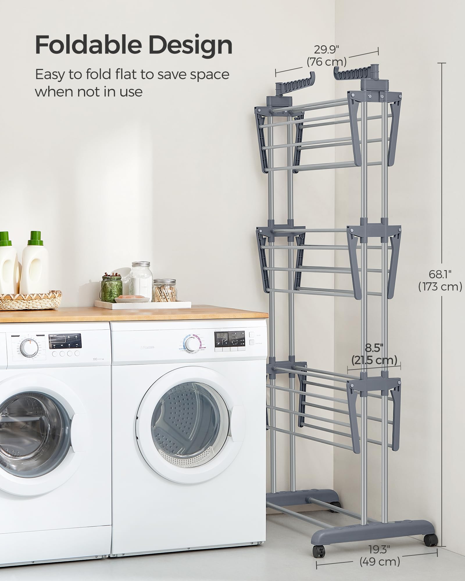 SONGMICS Clothes Drying Rack Stand 4-Tier, Foldable Laundry Drying Rack 68.1-Inch Tall, Steel, Rolling Clothes Horses Dryer Rack, Easy to Assemble, Indoor Outdoor Use, Dove Gray ULLR701G01
