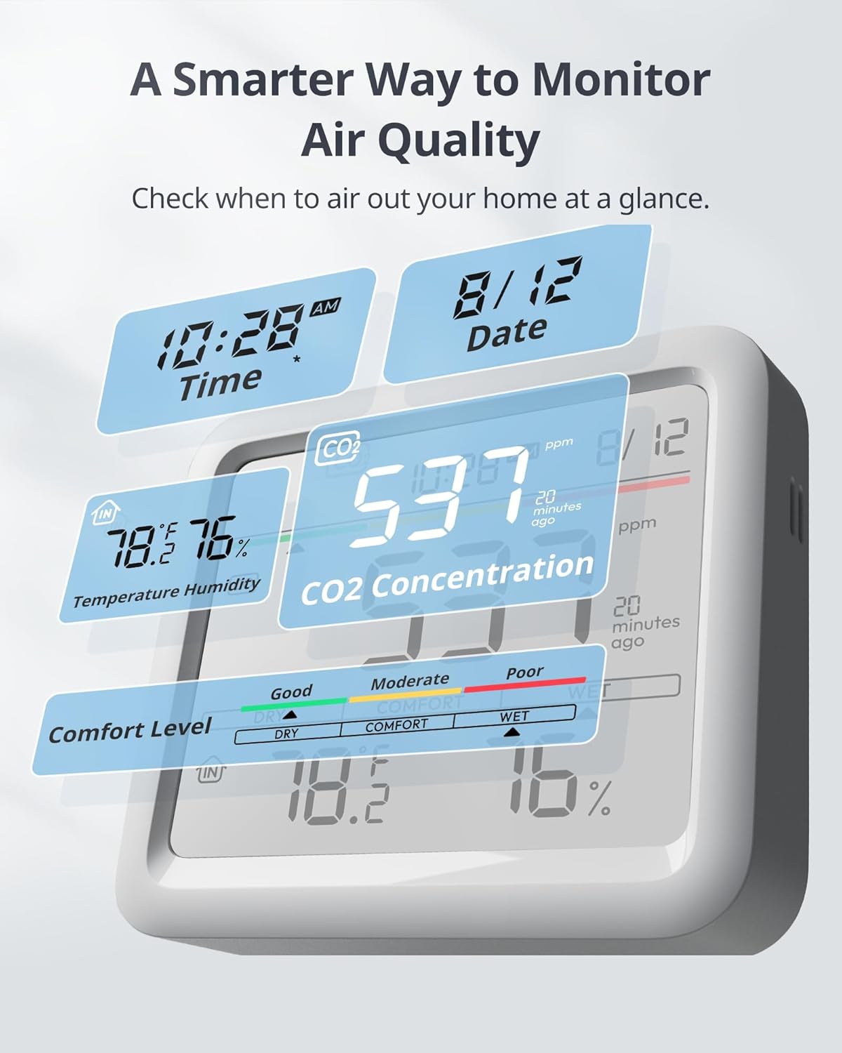 SwitchBot CO2 Detector - Portable Air Quality Monitor for CO2, Temperature & Humidity | Ideal for Home, Car & Office