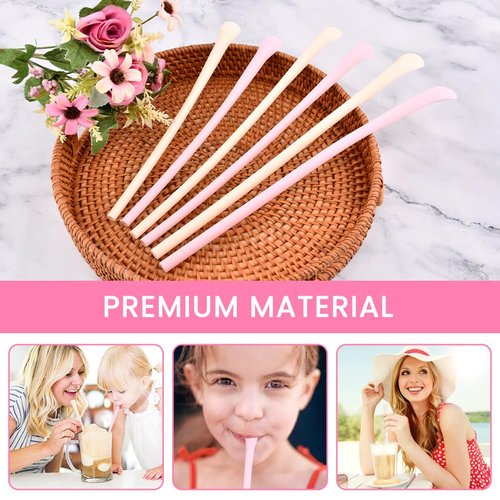 6 Pcs Anti Wrinkle Straw, Flat Wide Drinking Straw Compatible with Stanley 40 oz & 30 oz, Reusable Flexible Wrinkle Long Drinking Straws with Cleaner Brush, Perfect for Lip Filler