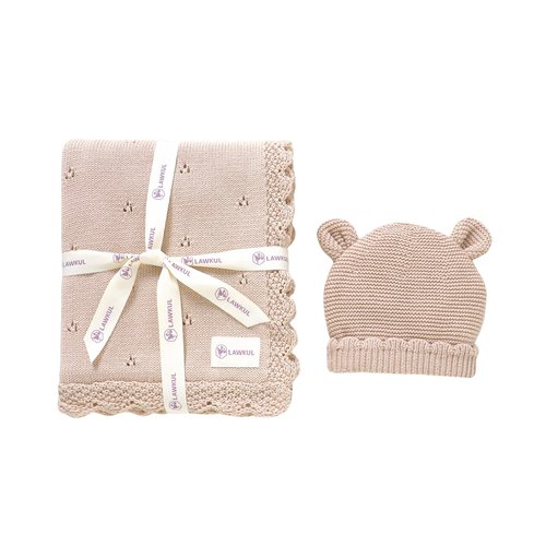 LAWKUL Baby Blanket & Beanie Hat Set 100% Organic Cotton Newborn Swaddle Beanie Soft Cozy for Infants Boy Girl Gift Pink
