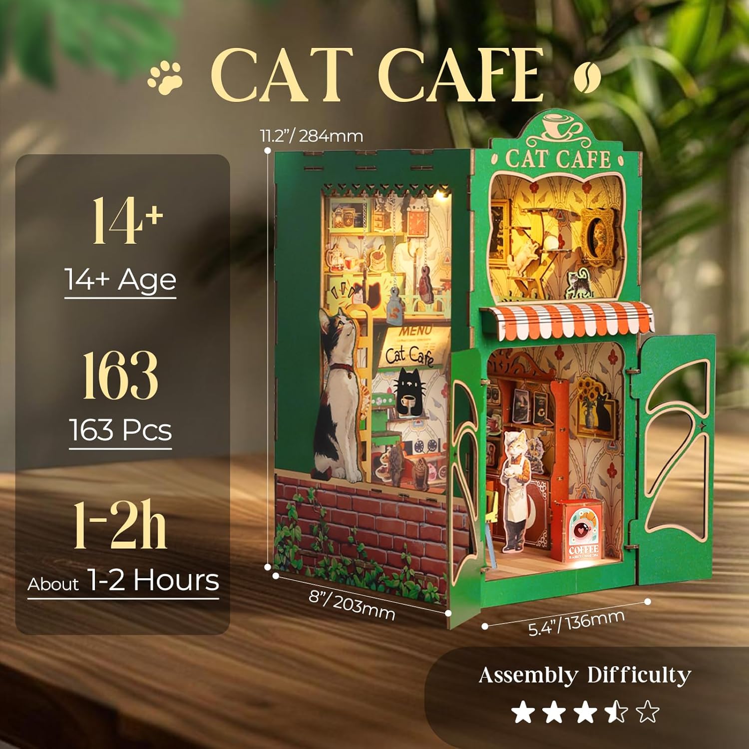 Skiennix Book Nook Kit - DIY Miniature Cat Cafe House for Adults & Teens | 3D Wooden Puzzle Decor
