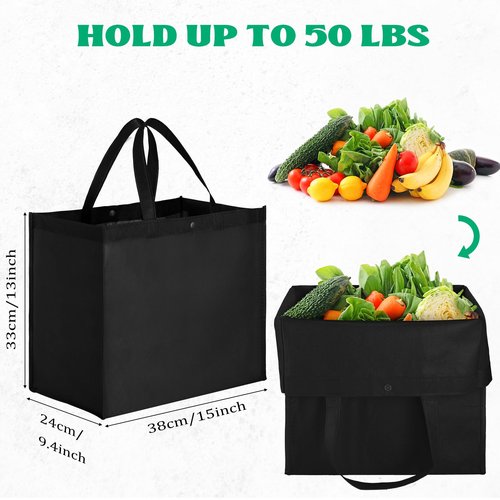 Boao 48 Pack Reusable Grocery Bags 13''L x 9.4''W x 15''H Large Foldable Shopping Tote Bag Non Woven with Handle and Button(Black)