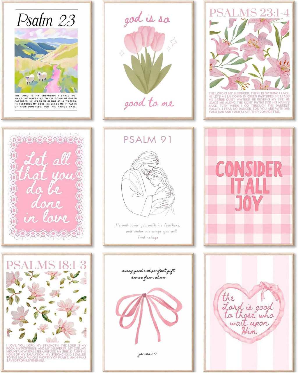 Skiennix 9-Piece Pink Christian Wall Art Set - Trendy Bible Verse Prints for Girls' Rooms | 8x10 Inch Decor