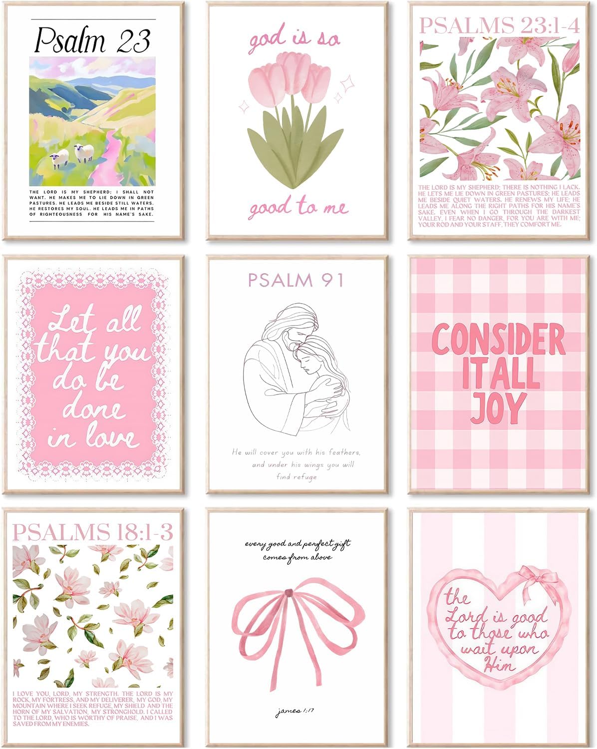 Skiennix 9-Piece Pink Christian Wall Art Set - Trendy Bible Verse Prints for Girls' Rooms | 8x10 Inch Decor