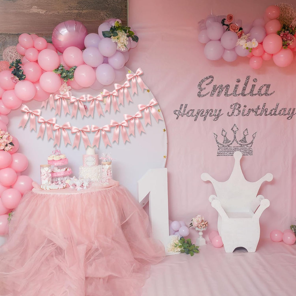 Skiennix 16PCS Pink Bow Garlands - Pre-Strung Satin Ribbon Ornaments for Celebrations & Events