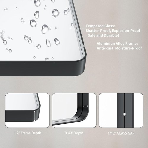 LOAAO Black Metal Framed Bathroom Mirror - 22x30 Inch Rounded Rectangle, Anti-Rust, Versatile Hanging Options