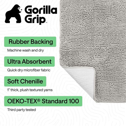 GORILLA GRIP Bath Rug Mat - Soft Absorbent Chenille | Quick Dry Microfiber, 48x24, Light Gray