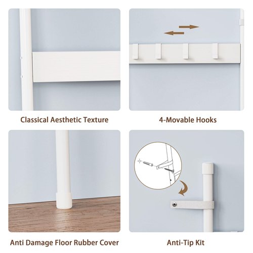 Blanket Ladder, 5-Tier Towel Holder with 4 Removable Hooks, Farmhouse Wall Leaning Decorative Rack Shelf, Wooden Towel Display Rack, Quilt Ladder for Living Room, Bedroom, White