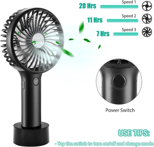 Miady Portable Handheld Fan - 5000mAh Mini USB Fan with 3 Speed Settings | 7-20 Hours Runtime for Travel & Office