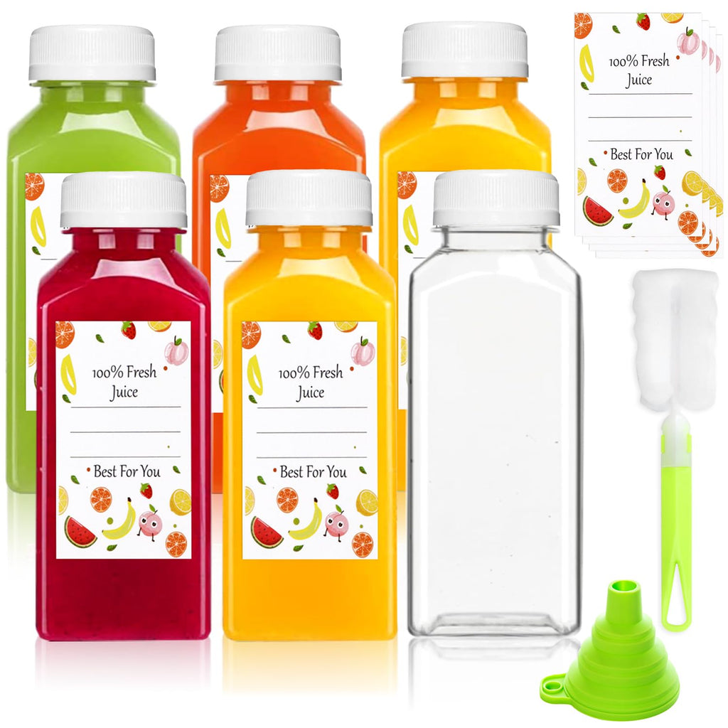 Plastic Juice Bottles with Caps 6 pcs - 12oz Reusable Juice Containers with Tamper Proof Lids White - Clear Juicing Bottles for Juicing Milk Smoothie Drinking and Other Beverages Christmas Gifts