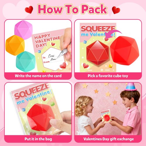 KIZZYEA Valentines Party Favors, 24 Pack Valentines Day Cards for Kids School with Diamond Squeeze Stress Balls, Valentines Day Gifts for Kids, Stretchy Toy for Classroom Prizes for Boys Girls