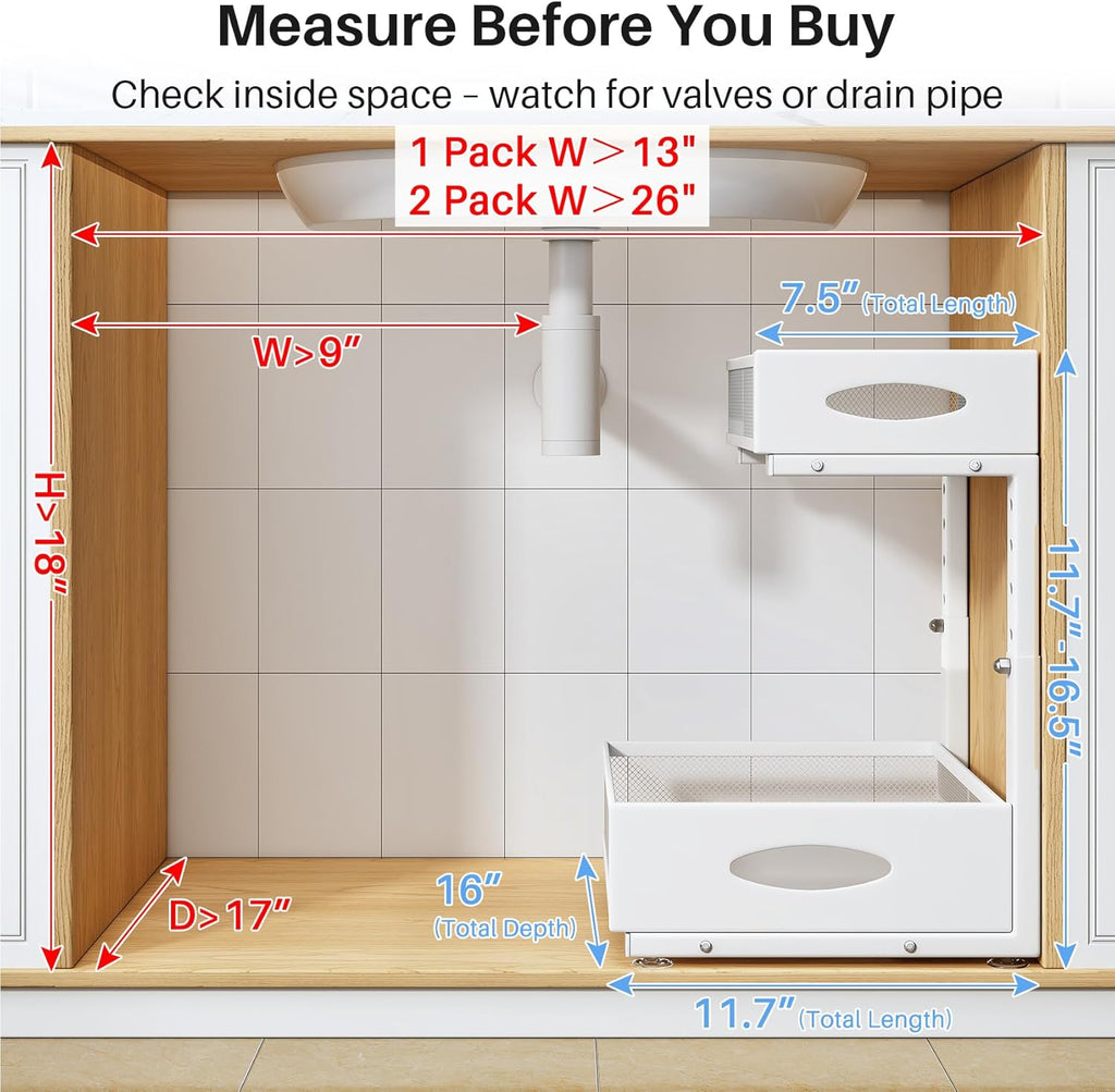 Under Sink Organizer | 2-Pack 2-Tier Pull-Out Shelf with Metal Slides & Mesh Drawers - White