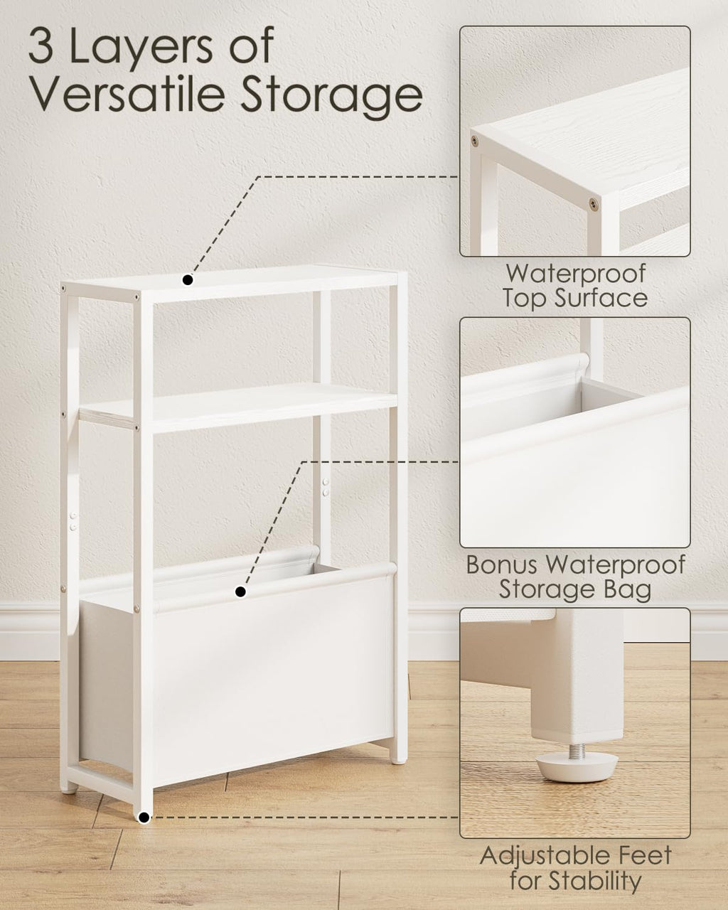 Apetaccat Narrow Side Table, 3-Tier Side Table with Storage Bag, Narrow Nightstand for Small Spaces, Bedside Table for Living Room, Bedroom, White