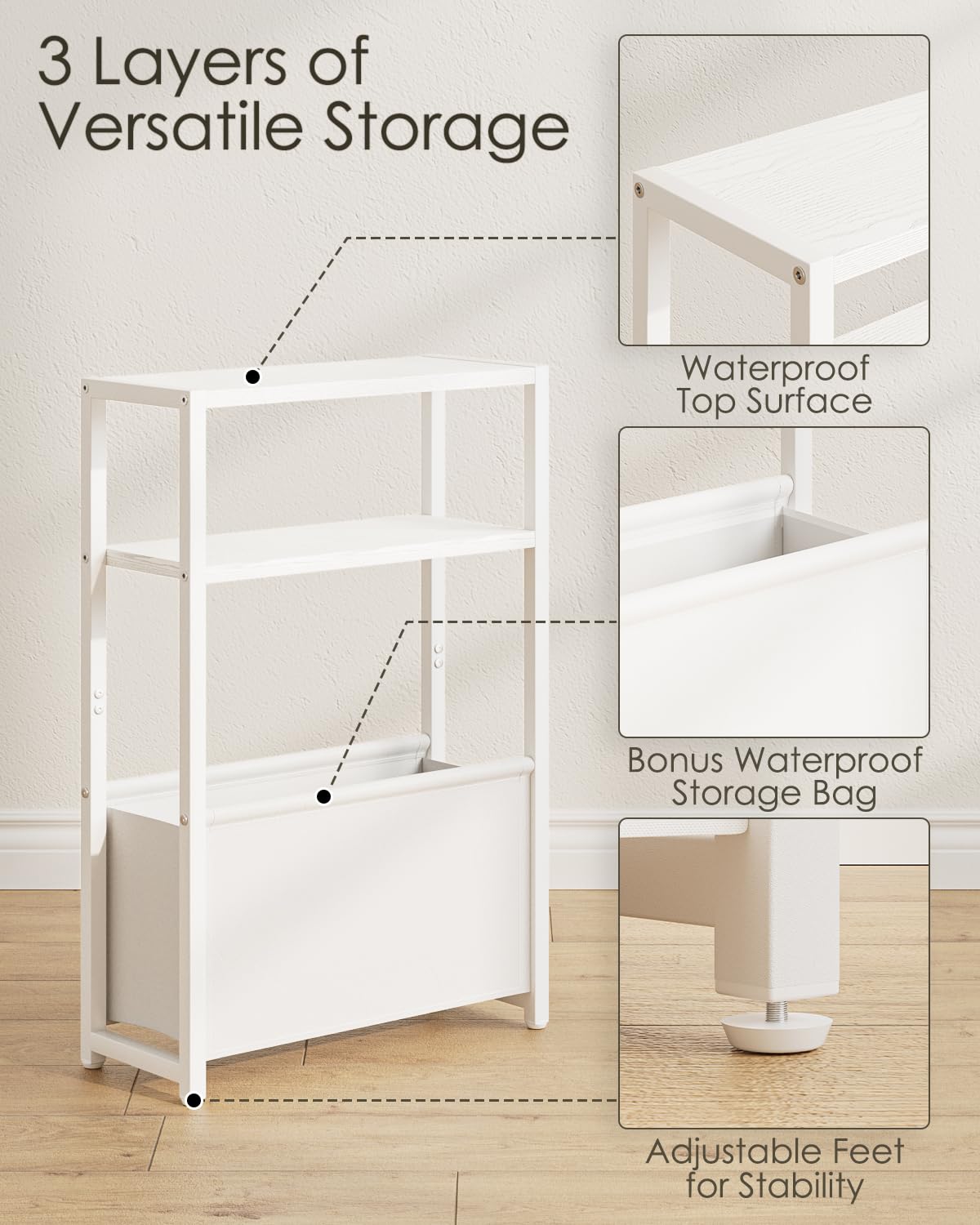 Apetaccat Narrow Side Table, 3-Tier Side Table with Storage Bag, Narrow Nightstand for Small Spaces, Bedside Table for Living Room, Bedroom, White
