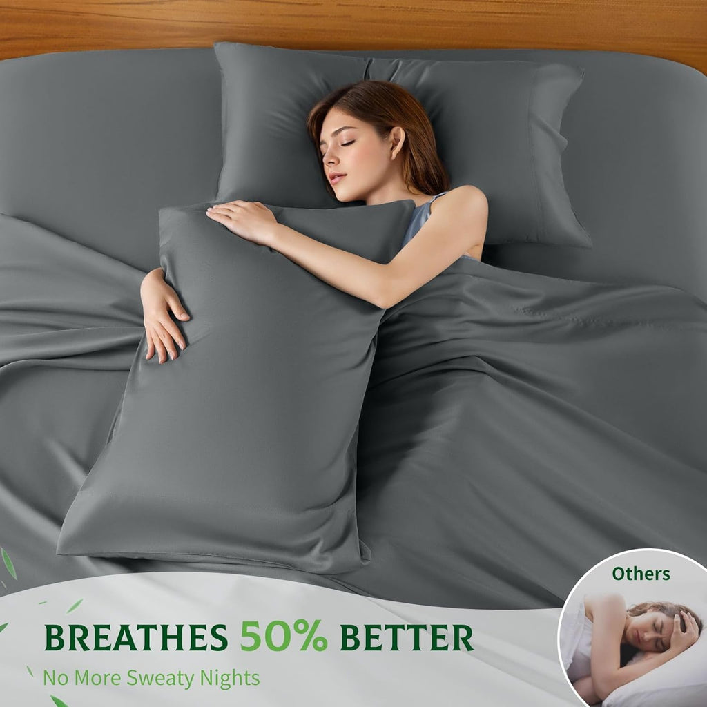 SONORO KATE Bamboo Viscose Bed Sheets - Ultra Soft & Cooling, Extra Deep Pocket (Dark Grey, Queen)