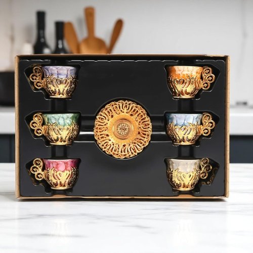 Alisveristime 12 Pc Turkish Greek Arabic Coffee Espresso Cup Saucer Porcelain Set (Gold)