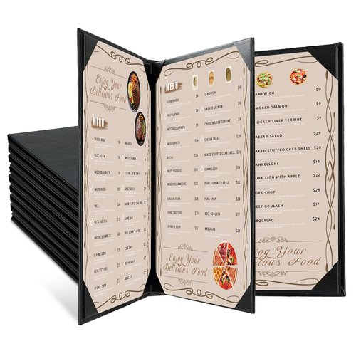 FLKQC Restaurant Menu Covers Holders 8.5" X 11" | Pack of 10 Synthetic Leather 4 View Menu Holder Covers Book Style with Angled Corners Black for Wine List (10, 4 View (8.5" x 11"))